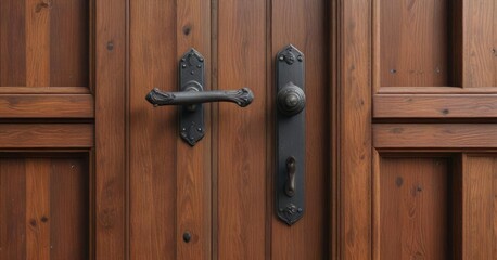 Iron door handle on wooden door with a vintage aesthetic , worn, rusty