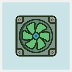 Illustration of a Cooling Fan Icon with Green Blades and a Blue Center Circle