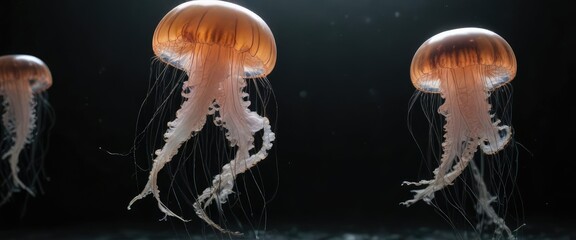 Fototapeta premium jellyfish suspended in water on black background with subtle lighting, gelatinous, marine life, ocean creatures