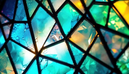 Vibrant geometric stained glass with multicolored jewel-like patterns and light reflections