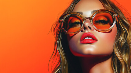 Fototapeta premium Modern Pop Art Portrait of Stylish Woman in Golden Sunglasses on Bright Orange Background with Retro Fashion Vibes
