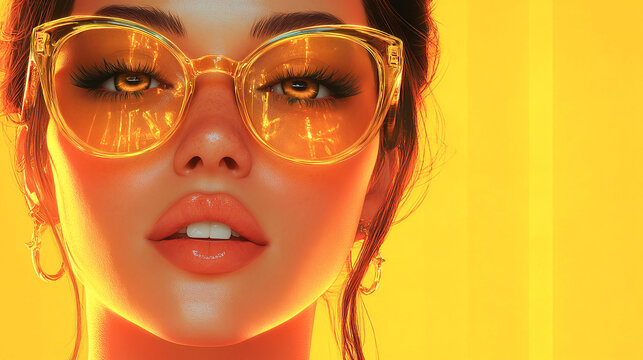 Modern Pop Art Portrait of Stylish Woman in Golden Sunglasses on Bright Orange Background with Retro Fashion Vibes