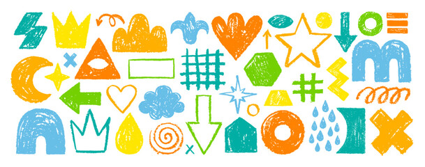 Crayon pencil shape, line, figure vector set. Color lines and shapes with brush texture. Doodle paint background. Chalk hand drawn element. Sketch kid scribble, abstract bg. Crayon arrow circle heart
