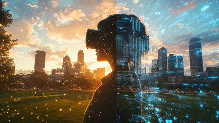 Futuristic split-screen concept of a person wearing a VR headset merging real-world urban skyline with a digital cyber city representing augmented reality metaverse and virtual future