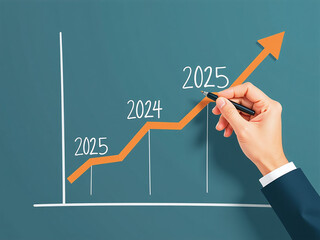 The Businessman Draws An Increase Arrow Graph Of Corporate Growth From 2024 To 2025 With Planning, Opportunity, And New Challenges Ahead. 00001