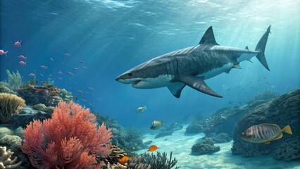 Obraz premium Large megalodon shark swimming near a coral reef, ecosystem interactions, deep sea environments