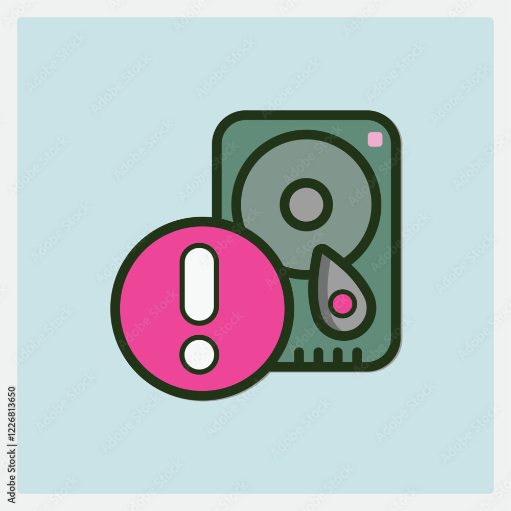 Poster hard drive error icon with a pink warning symbol on light blue background with soft edges