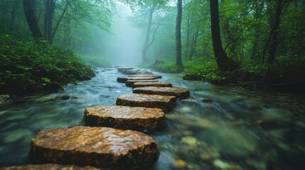 Obraz premium Misty Forest River Stone Path, Nature Scene