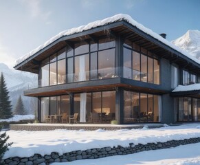 Large windows of modern house with snow-covered roof and icicles hanging below, modern house, icicles hanging, calm atmosphere
