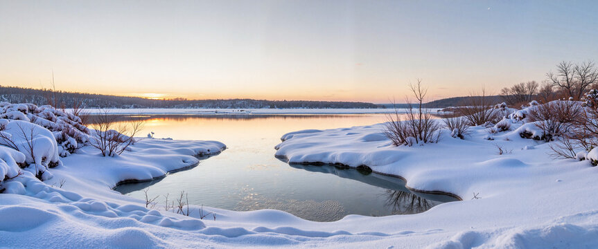 Melting snow by tranquil pond at dawn, nature's renewal - Powered by Adobe