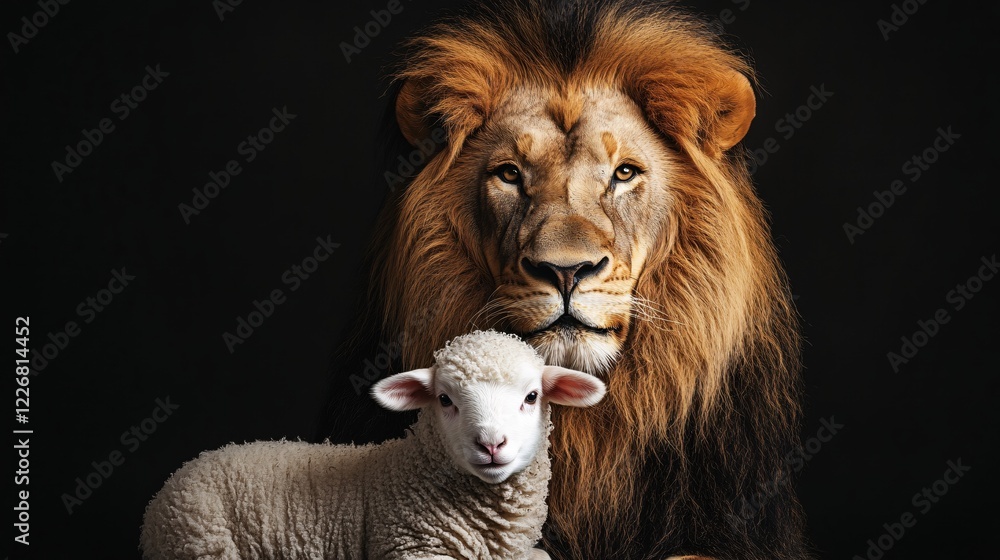 Poster lion and lamb portrait on dark background showing contrast and symbolic representation