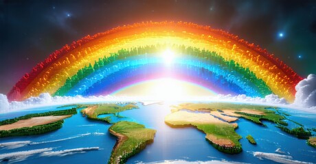 Rainbow arching over continents, symbolizing unity through diversity. Vibrant colors contrast against Earth, representing global harmony, interconnectedness, and inclusivity