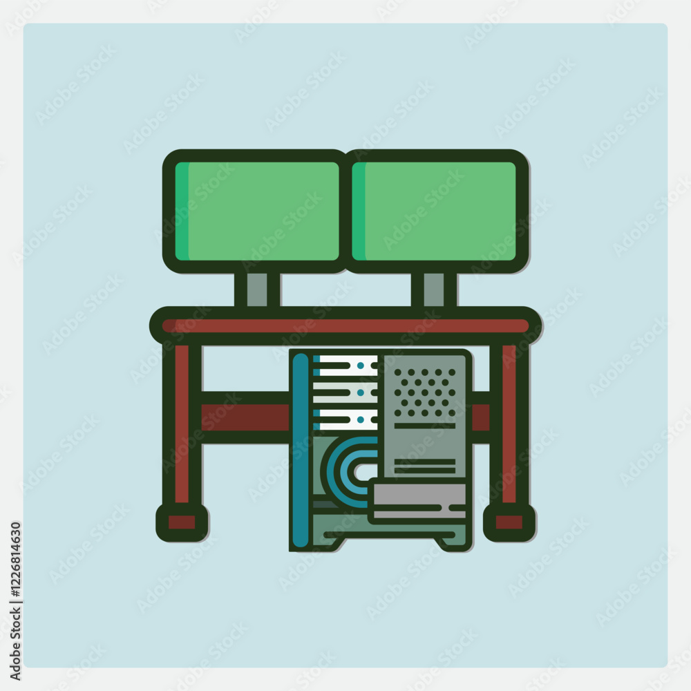 Poster computer desk setup icon with dual monitors and cpu tower illustration technology