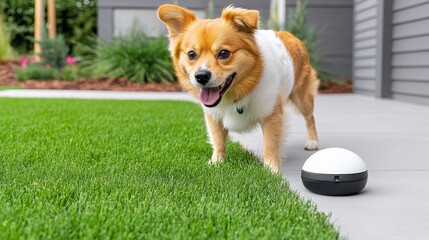 Happy Dog Playing on Fresh Green Grass with a Smart Device Nearby