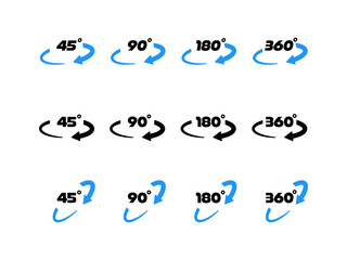 Vector illustration of rotation icons showing 45, 90, 180, and 360 degrees with arrows in black and blue variations. Perfect for user interfaces, instructions, and graphic designs