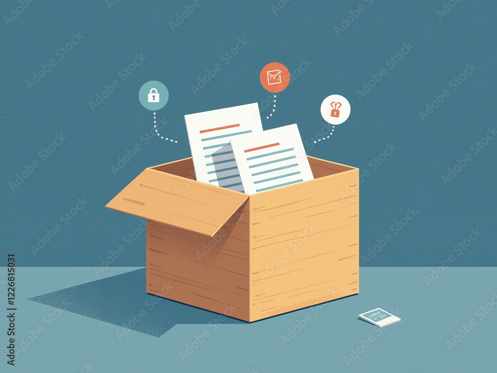 Poster secure digital data is managed through document icons in a wooden cube, representing file access, sh