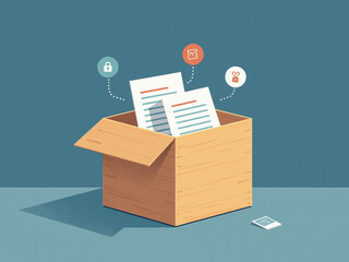 Secure Digital Data Is Managed Through Document Icons In A Wooden Cube, Representing File Access, Sharing, And Online Record Keeping. 00002