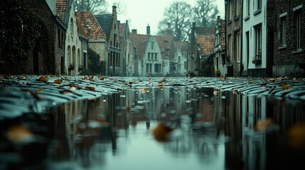 Fototapeta premium Wet cobbled street with old buildings on an overcast day.
