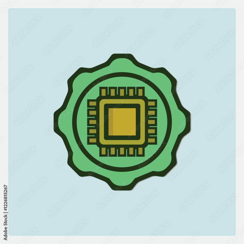 Poster icon featuring a central processor unit with a green wavy border on a light blue background
