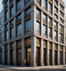Fototapeta premium Luxurious office building with intricate metalwork and stone façade, modern architecture, business hub
