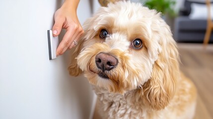 Loving Dog Watches Owner Use Electronic Device on White Wall