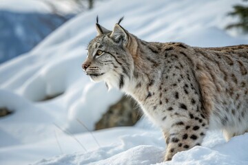 Fototapeta premium Lynx's spotted fur with gray and brown tones against the snowy background, lynx fur, lynx coat, natural surroundings, winter landscape, snow-covered trees