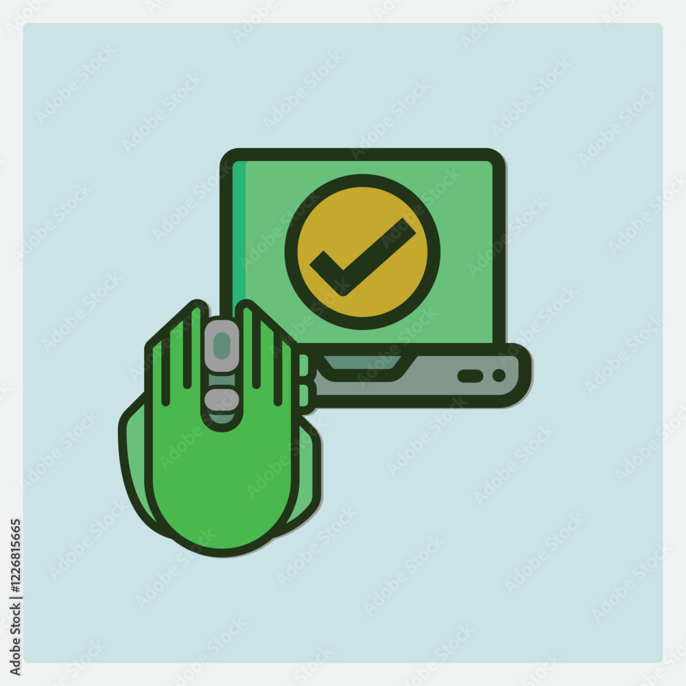 Poster green computer mouse clicking a laptop with a check mark on screen in a minimalist style