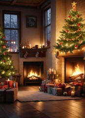 Magical Christmas Eve by the fireplace with festive decorations and twinkling lights , merry mood, holiday magic, fireplace ambiance
