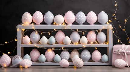 A cozy living room decorated for Easter, featuring a beautiful wreath made of pastel colored eggs and flowers hanging on the door, with soft furnishings and warm lighting
