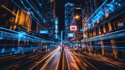 Fototapeta premium A futuristic urban skyline with autonomous traffic systems, digital road signs, and LED-lit streets