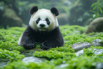 Obraz premium Young Panda Sitting Amidst Lush Green Vegetation