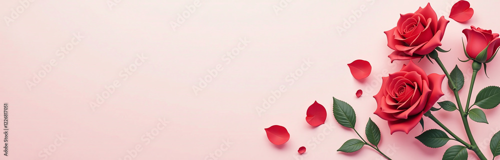 Poster red roses illustration on a flat lay background with soft pastel colors in a creative concept. 00002