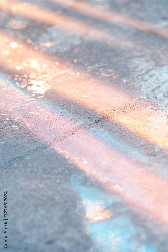 Poster polished concrete surface captures and reflects soft light, creating colorful patterns as daylight f