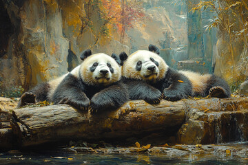 Two Pandas Resting On A Log Near A Waterfall
