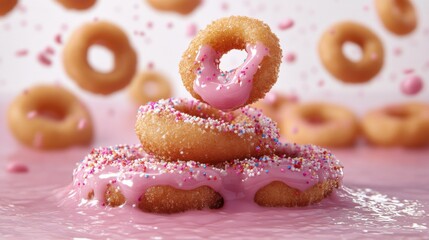 Colorful Donuts with Pink Frosting and Sprinkles in Sweet Display