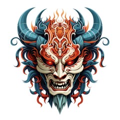 Mythical Japanese Mask Featuring a Dragon and Samurai Warrior Illustration