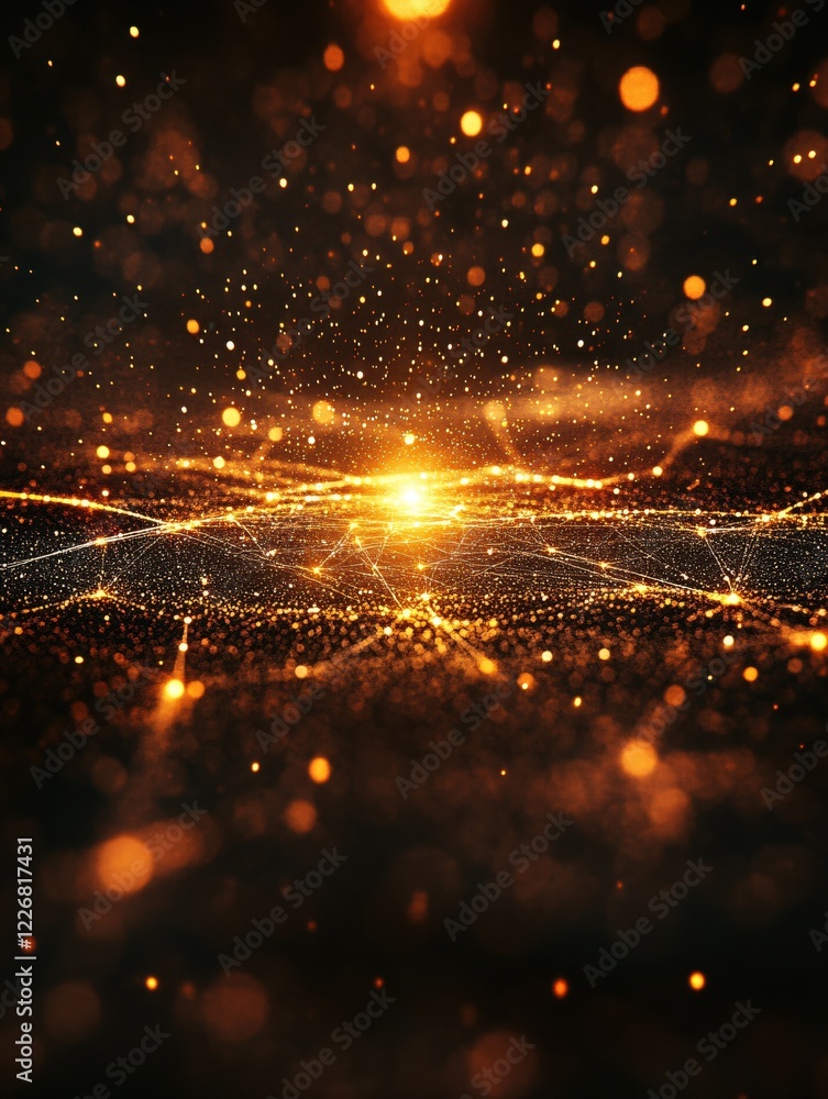 Poster golden light particles on dark background with network lines and bokeh effect abstract design