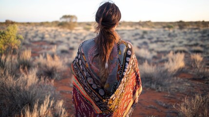 An Aboriginal Australian woman standing with her hands behind her back, wearing a traditional possum-skin cloak adorned with intricate dot paintings, symbolizing her ancestral stories. The background