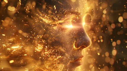 A glowing, ethereal face surrounded by sparkling particles and light.