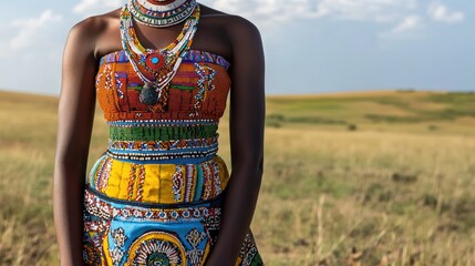 A Zulu woman standing with her hands behind her back, wearing a traditional beaded skirt and apron, with a beaded necklace and headband. The background is a grassy plain. The image showcases the vibra