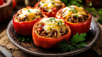 A delectable plate of stuffed bell peppers with a savory beef and rice mixture, baked until tender and topped with melted cheese, Stuffed peppers centered