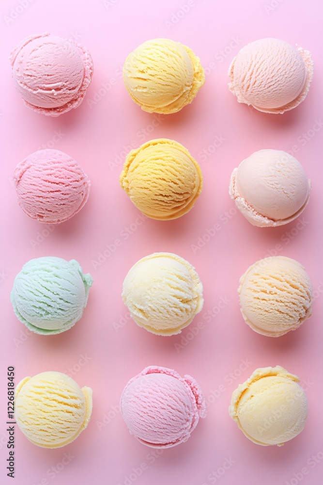 Poster ice cream scoops arranged neatly on a pink background in a grid pattern with pastel colors