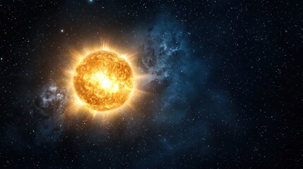 Fototapeta premium Bright yellow sun surrounded by dark blue nebula in a cosmic space scene