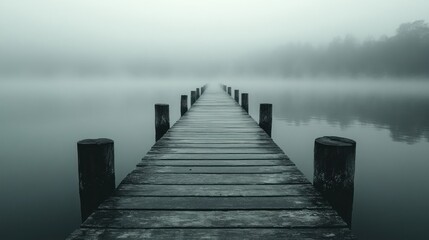 Obraz premium Misty lake pier, wood path, tranquil scene, foggy background, peaceful mood