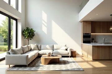 Modern minimalist living space design featuring a light beige sectional sofa, a uniquely shaped wooden coffee table, and a sleek contemporary kitchen with wood cabinetry