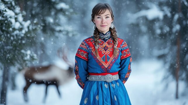 A Sami woman standing with her hands behind her back, wearing a traditional G&Atilde;&iexcl;kti (colorful tunic) with blue and red patterns, adorned with silver jewelry and a belt. The background is a snowy forest