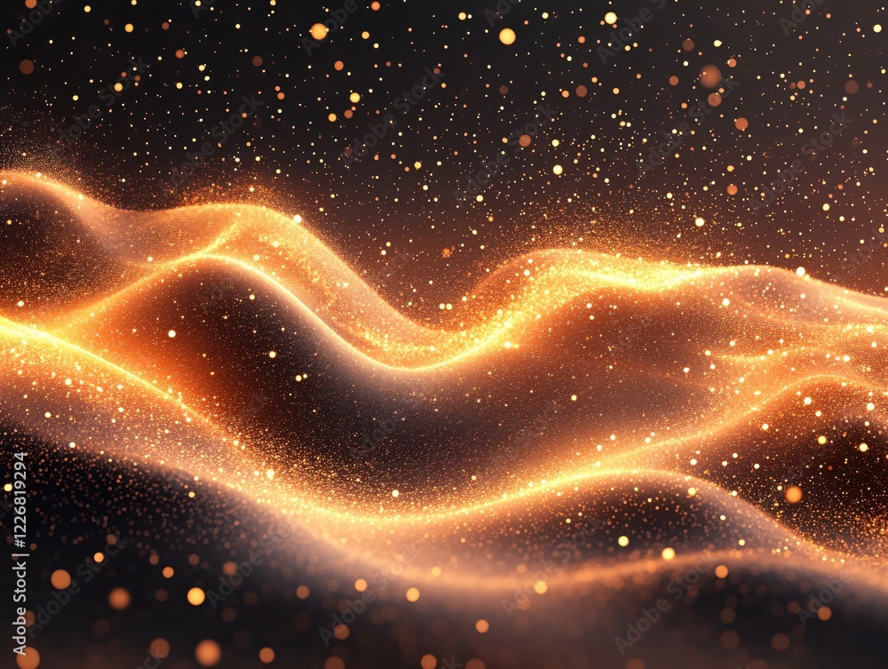 Poster abstract golden waves with glowing particles on dark background creating a magical scene