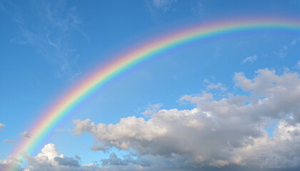 Rainbow arching across blue sky with clouds