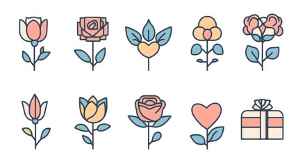 Spring seasonal holidays icon set. Spring flowers of roses floral design. Concept of love spring and springtime. Emblems for Mother day
