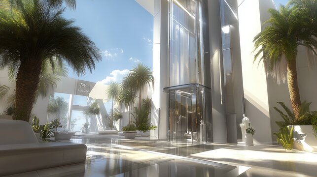 A multi-level shopping center elevator with transparent glass walls, safety barriers, and digital controls